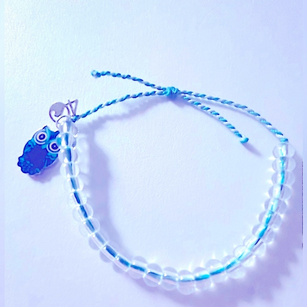 NWOT 4Ocean bracelet blue enamel Owl charm, glass bead, aqua adj. cord